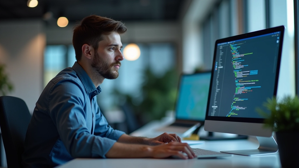 Izstrādātājs darbojas pie datorā, programmēšanas kods uz monitora, modernā tech birojā