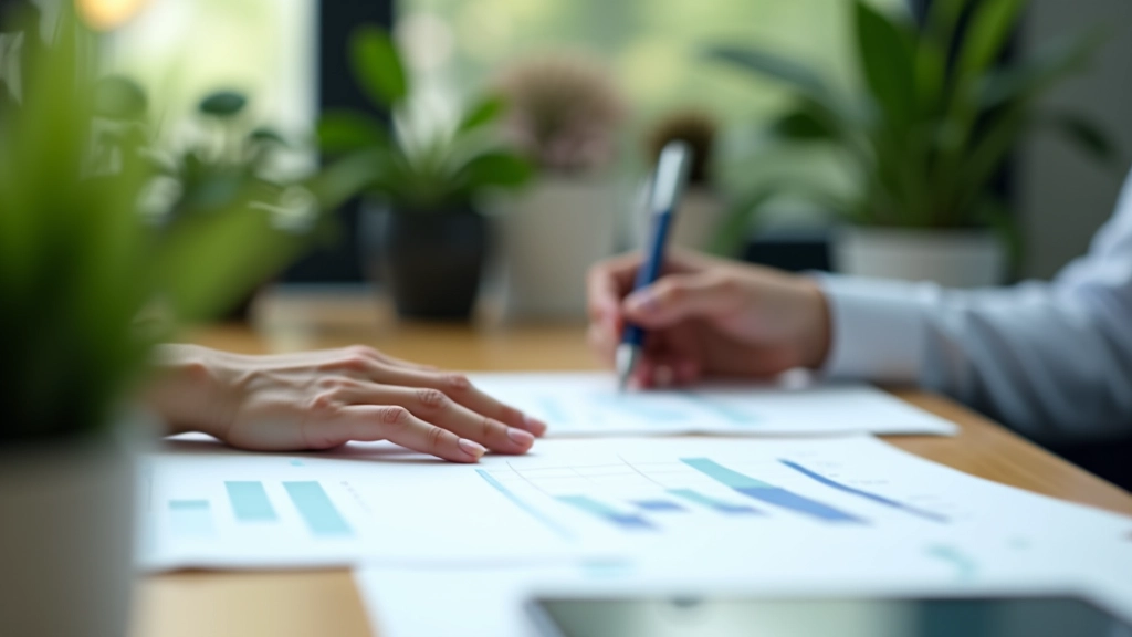 Finanšu analītiķis ar piezīmju grāmatiņu pie galda, grafiku ieskicējums un zaļa augļa simbols