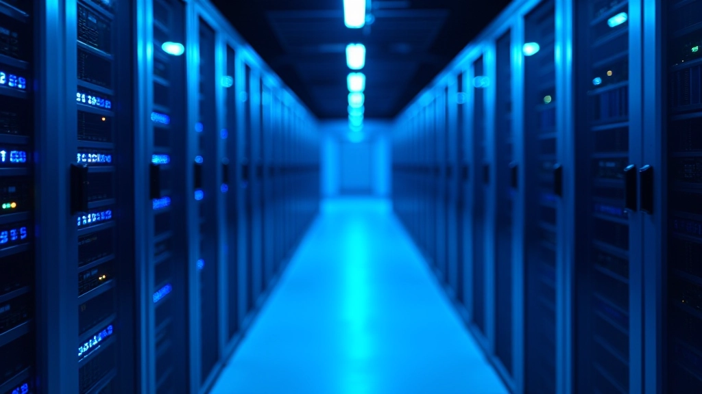 Servers tech centra serverī ar zilu LED gaismu, rindās sakārtoti serverių šasijas