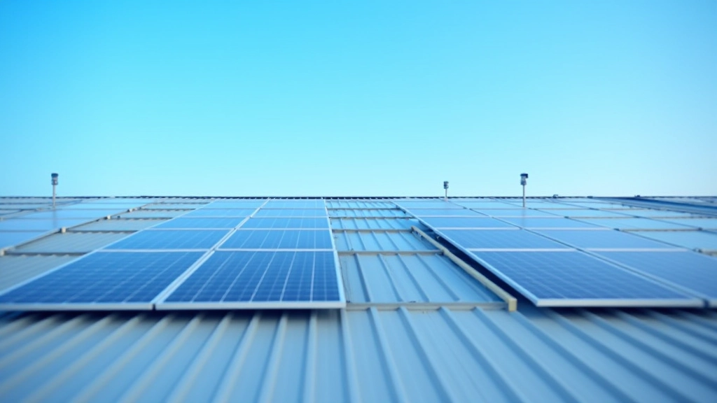 Saulei enerģijas paneļi uz dūmvada ražotnieciskās ēkas jumta pret zilā debesīm