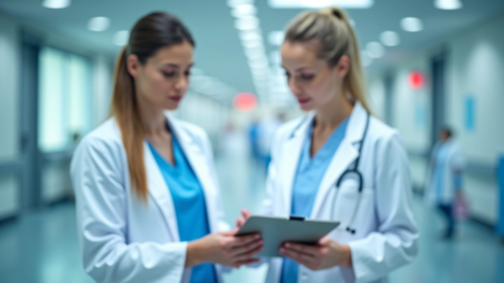 Divas medicīnas māsas diskutē par pacienta protokolu ar moderniem medicīnas aparātiem fonā