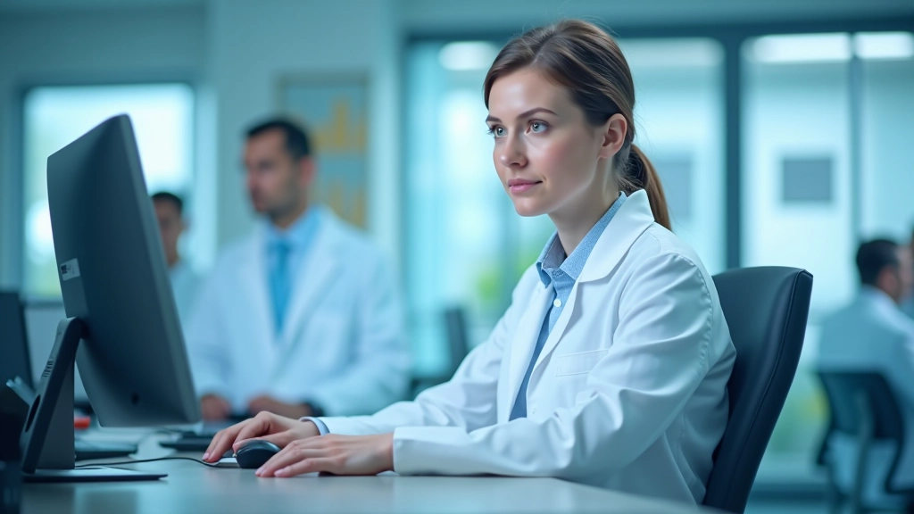 Sieviete laboratorijā, analizējot medicīniskos datus uz datora ekrāna ar grafikiem